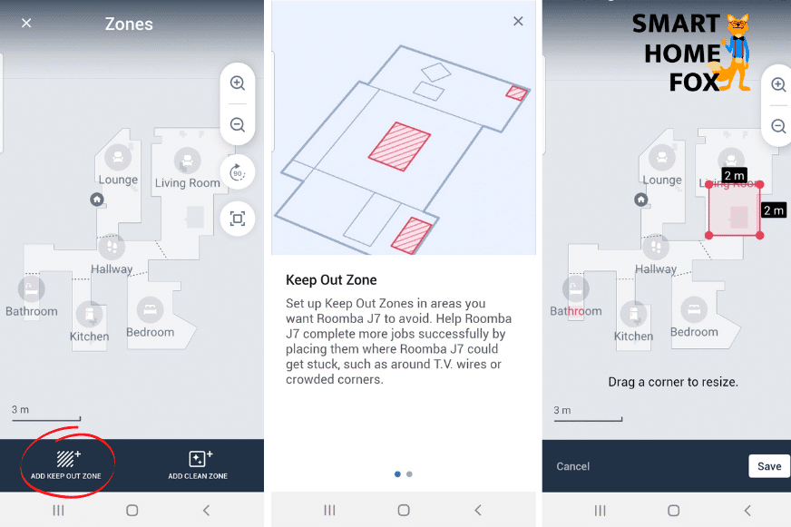 Exclusion zones are set up in the iRobot Home App.